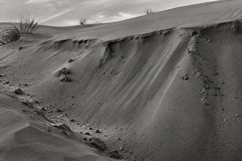 Black-and-white close view of a sandy slope below an uneven lip with small stones and sparse grass above.