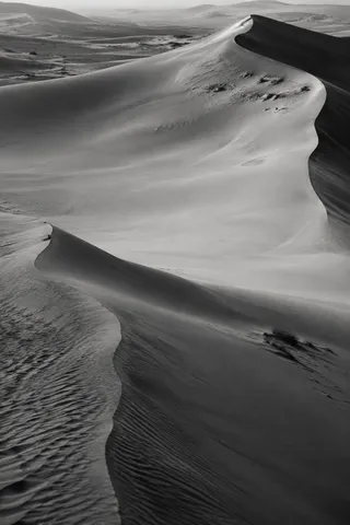 Black-and-white overlapping curved dune edges with dark near sand and a broad pale slope beyond.
