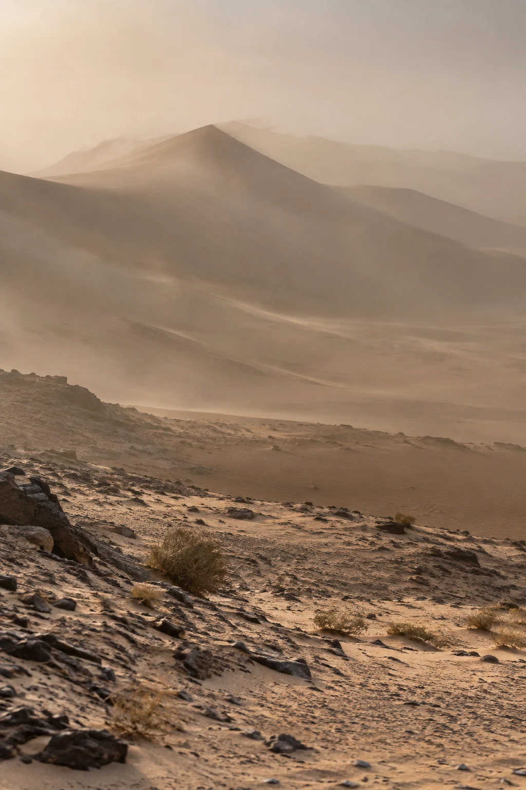 Distant dune crests softened by dusty haze above a rocky sandy foreground with sparse shrubs.