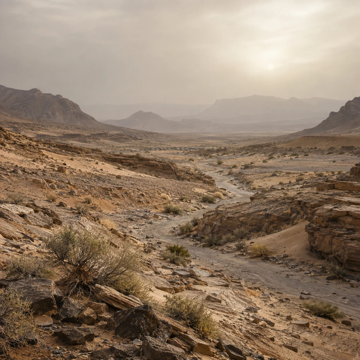 Dry channel winding through rocky desert scrub toward distant ridges beneath a hazy pale sun.