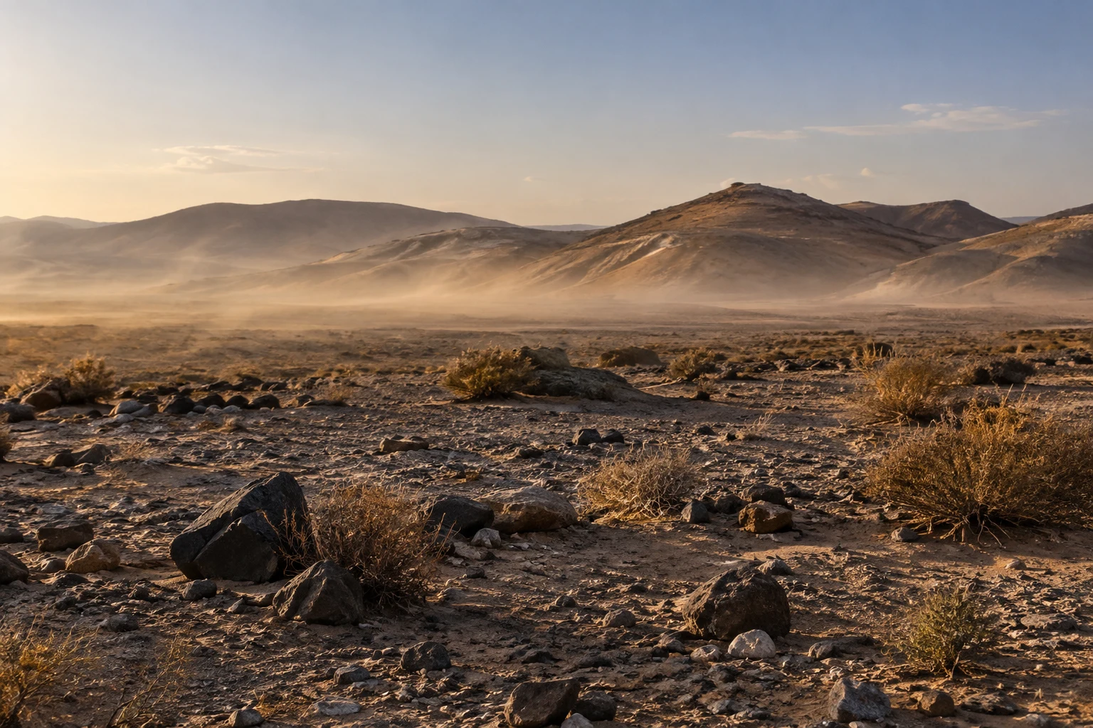 Dark rocks and dry shrubs on a warm desert plain with low dust near distant hills.