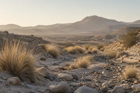 Dry grass clumps among rounded stones along a desert wash with low hills beyond.