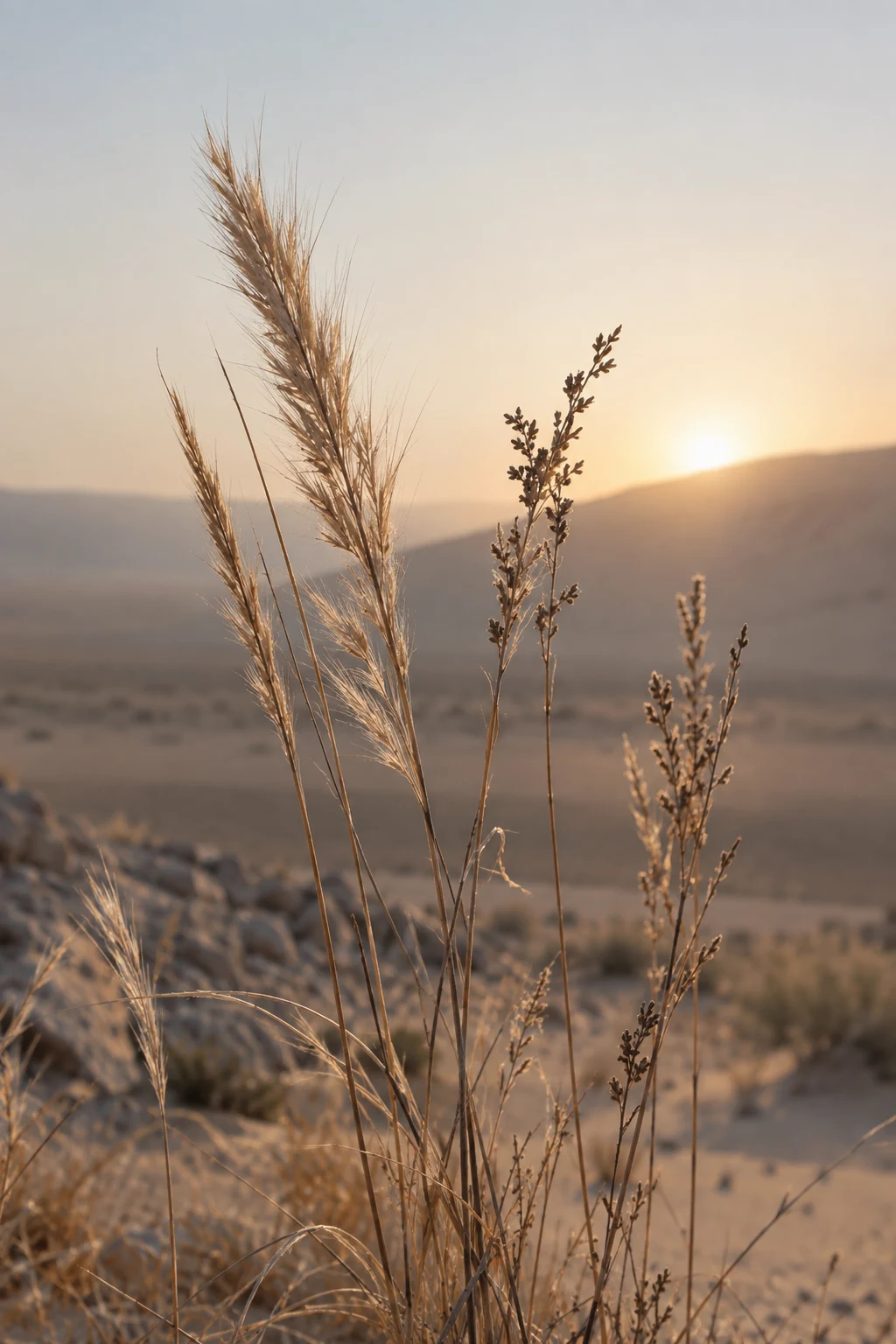 Close dry grass seed heads and slender stems backlit against a pale sky and soft desert hills.