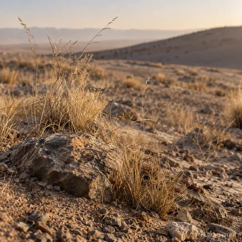 Wiry dry grasses beside a rough brown stone on coarse desert soil in warm light.