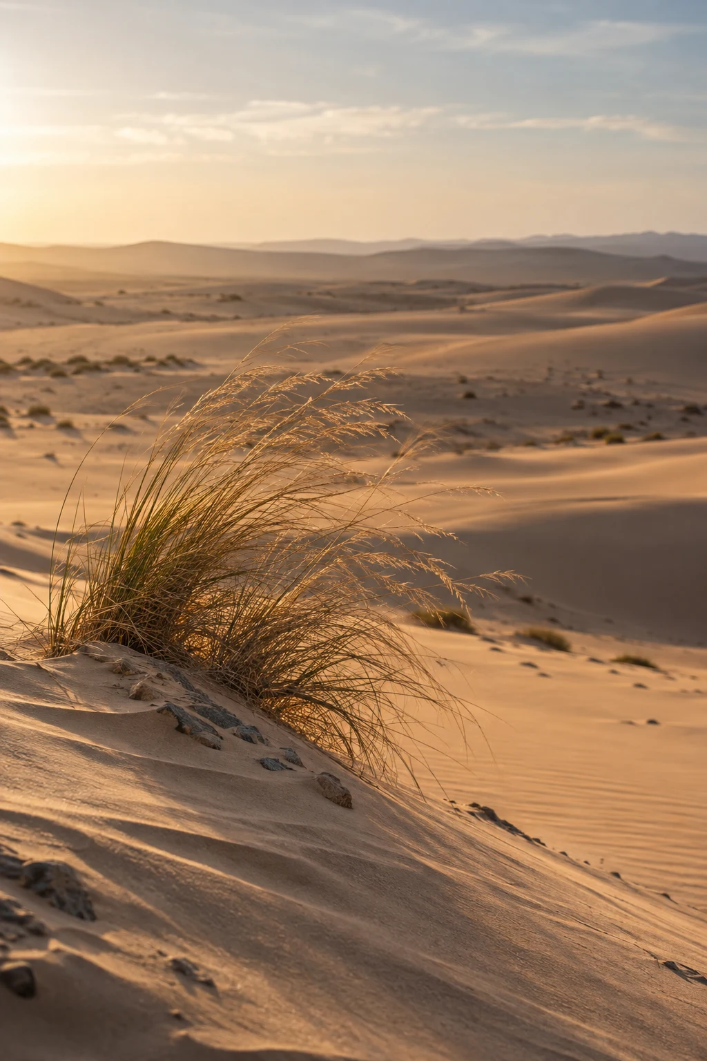 Leaning fine grass with golden seed heads on a sandy slope overlooking softly layered dunes.