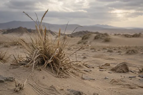 Weathered dry grass tuft with curled leaves and broken stems on sand beneath cloudy desert hills.