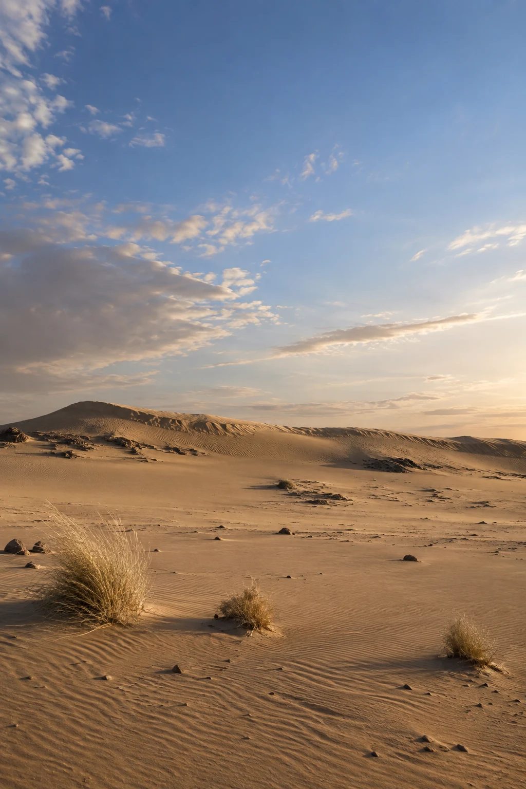 Three unequal dry grass clumps on rippled sand below a low dune and wide blue sky.