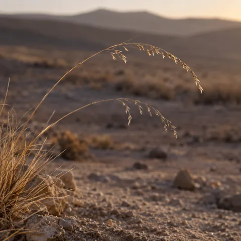 Two arching dry grass stems with delicate seed heads against softly blurred desert ground.
