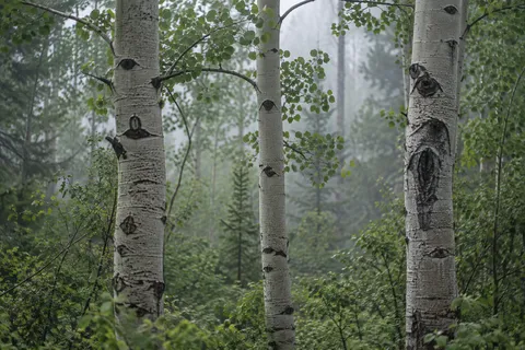 Three pale scarred aspen trunks among green leaves in misty woodland.