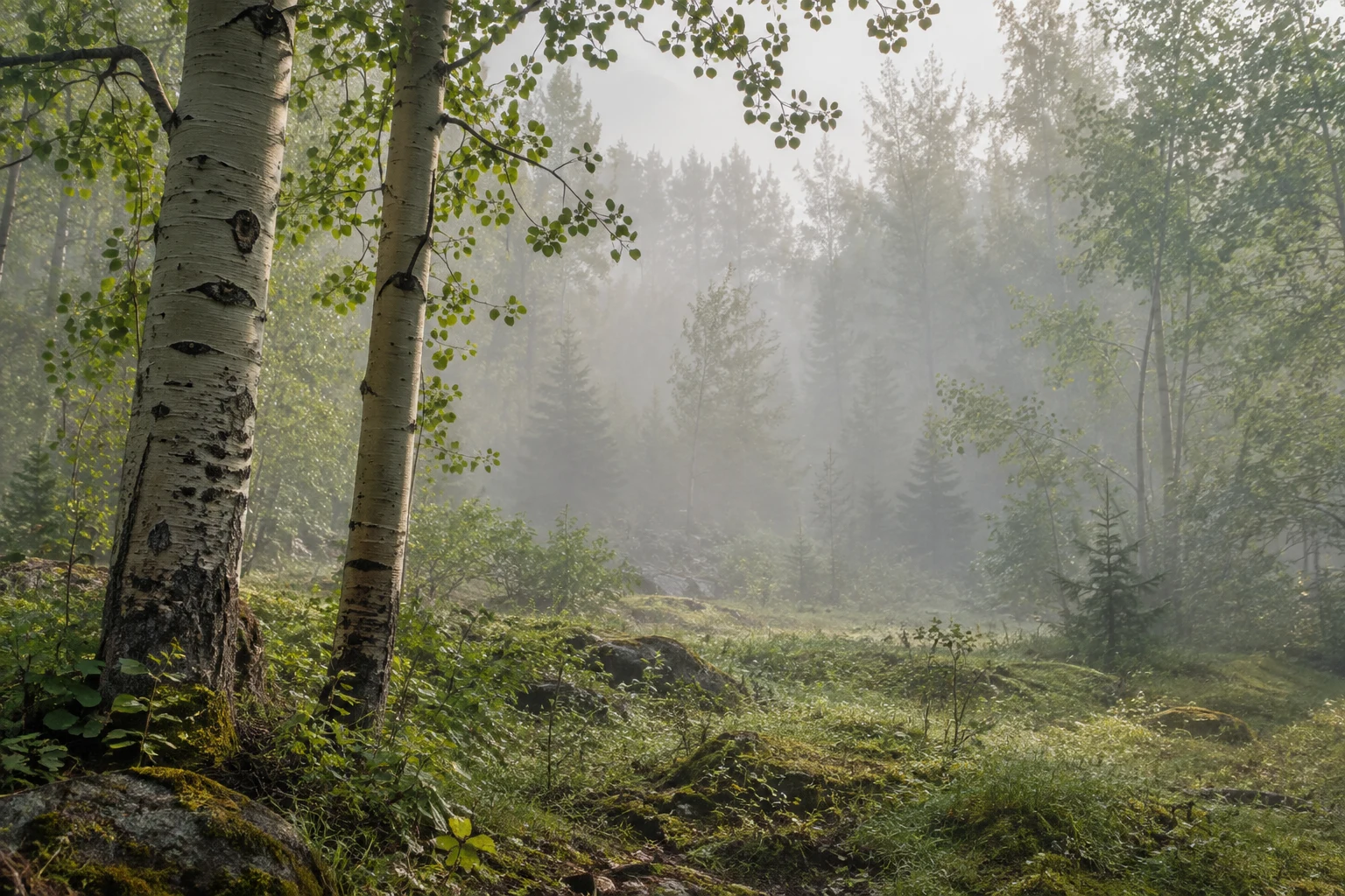 Two pale aspen trunks on the left of a mossy clearing and misty trees.