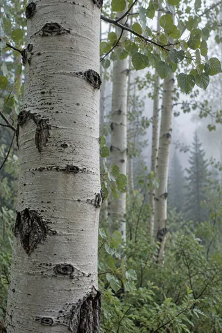 Close pale aspen bark with dark scars, green leaves and blurred trees behind.