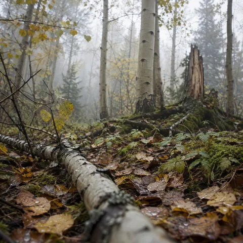 Low view along a fallen aspen limb over wet leaves, with pale trunks and a broken stump behind.