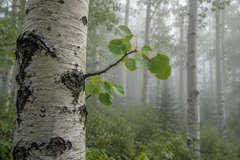 Small green leaf cluster on an attached branch beside pale scarred aspen bark.