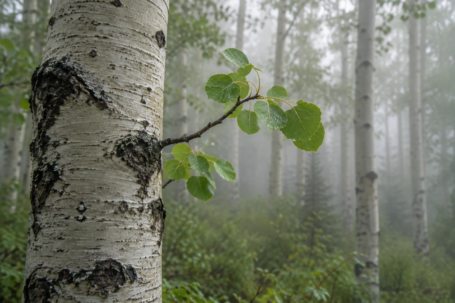 Small green leaf cluster on an attached branch beside pale scarred aspen bark.