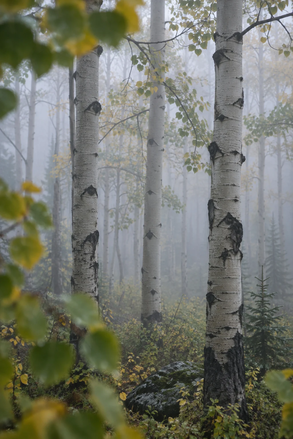 Three aspen trunks viewed through blurred yellow-green leaves, with a mossy stone below.