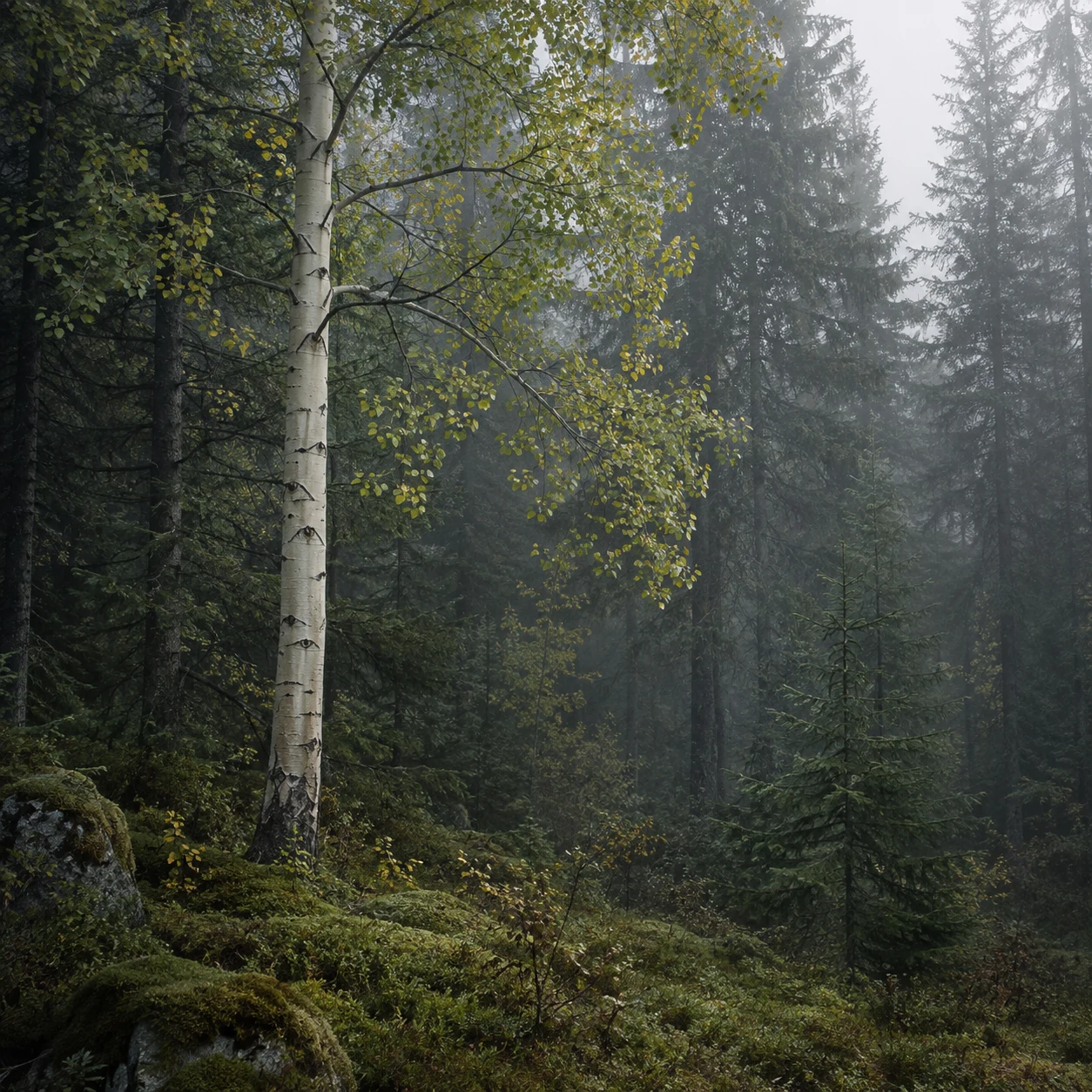 One pale aspen on a mossy slope against dark conifers and soft woodland mist.