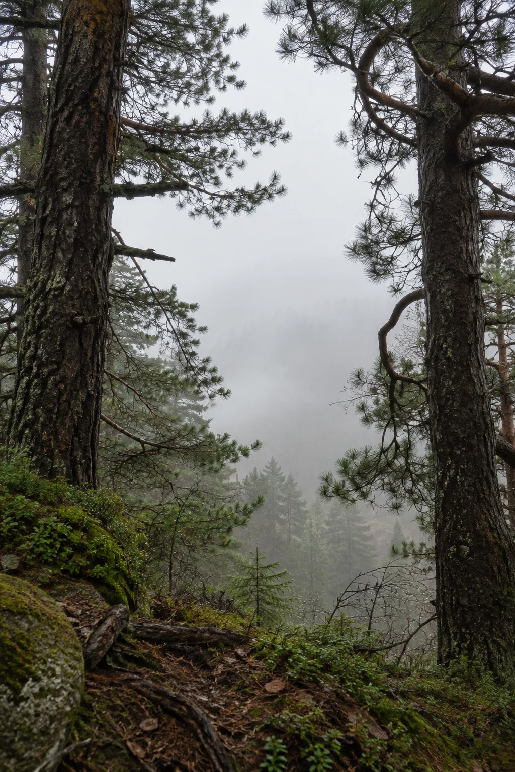 Two dark pine trunks and irregular branches frame a foggy forest opening.