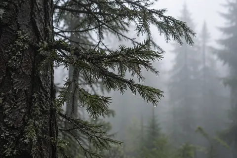 Wet evergreen branch with droplets extending from rough dark bark against misty trees.