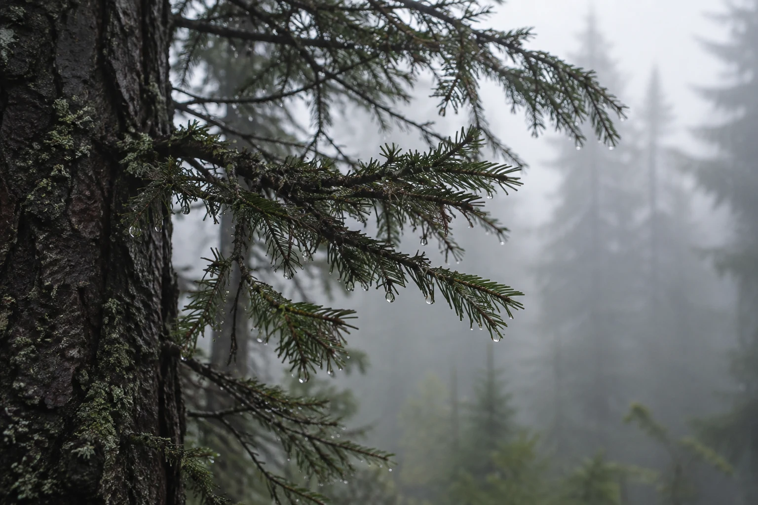 Wet evergreen branch with droplets extending from rough dark bark against misty trees.