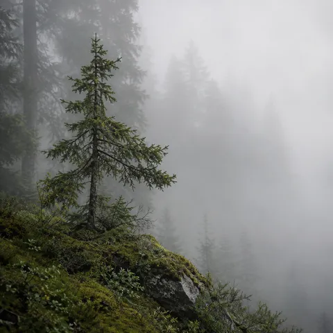 Small asymmetrical spruce on a moss-covered rocky rise beside open woodland fog.