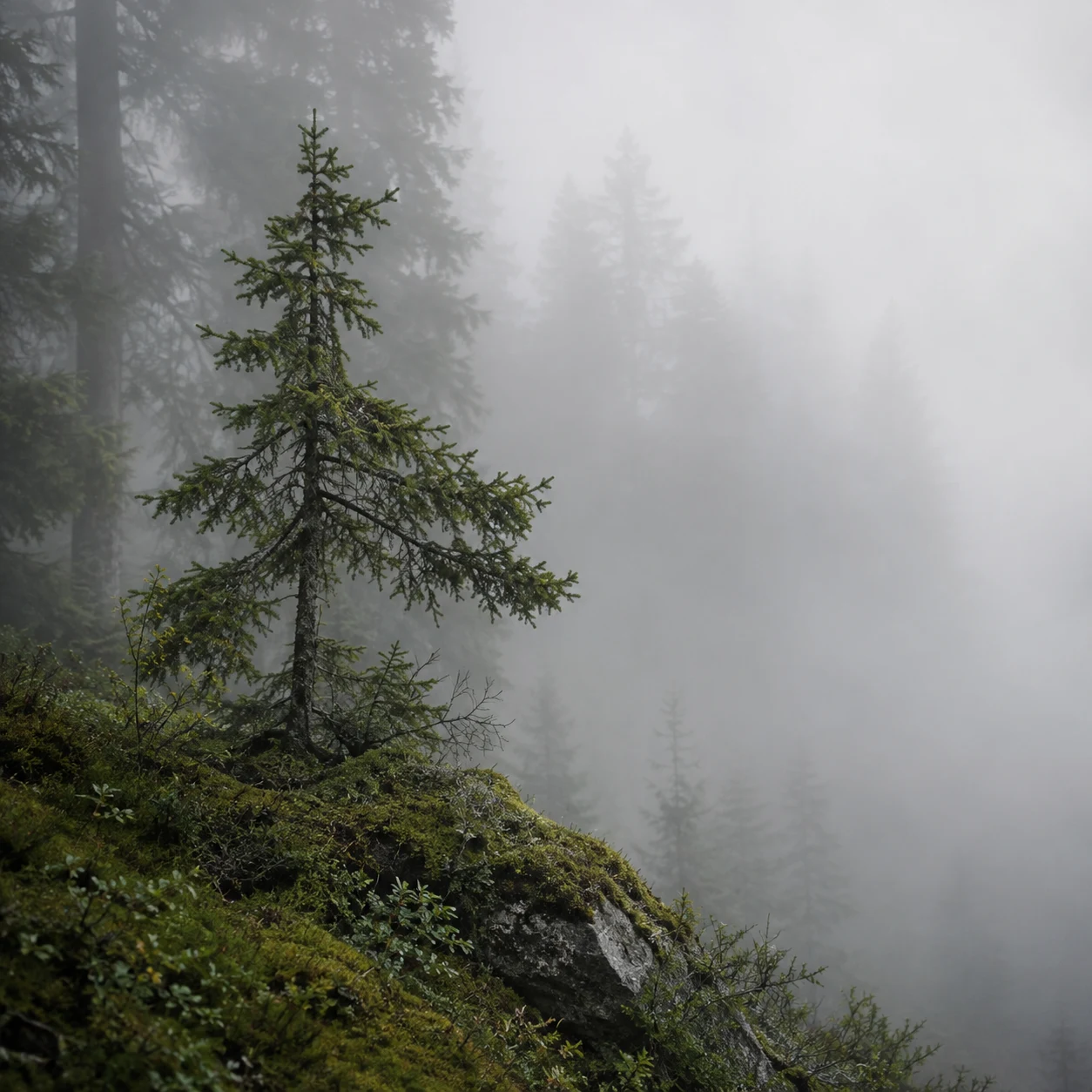 Small asymmetrical spruce on a moss-covered rocky rise beside open woodland fog.