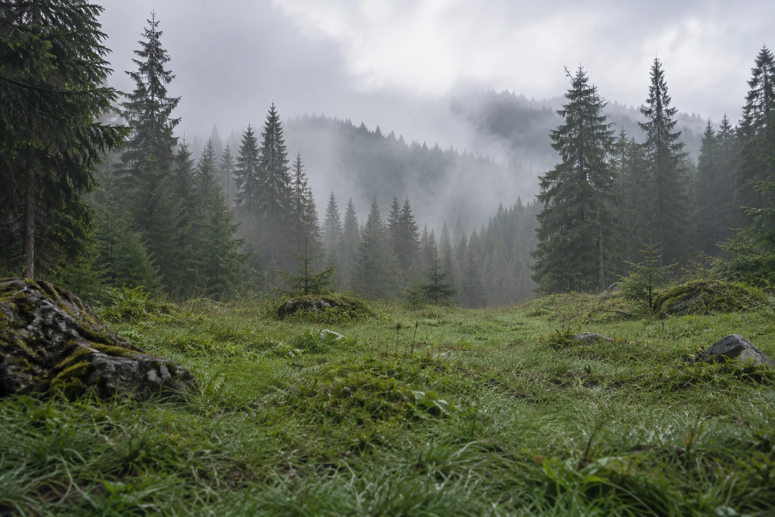 Wet grassy clearing with scattered stones before conifers and misty wooded slopes.