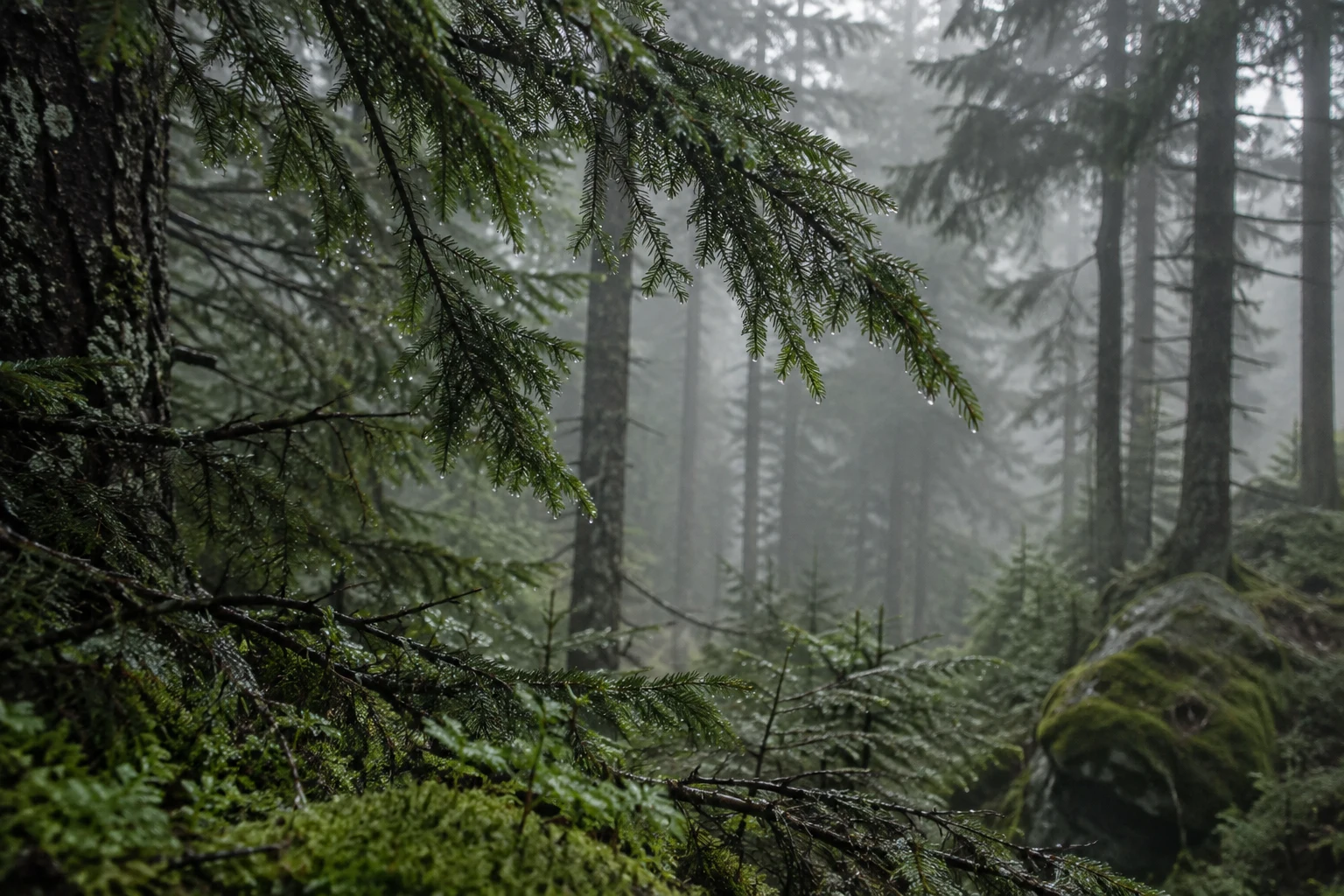 Wet hanging evergreen branches over moss and a fallen log in a foggy forest.