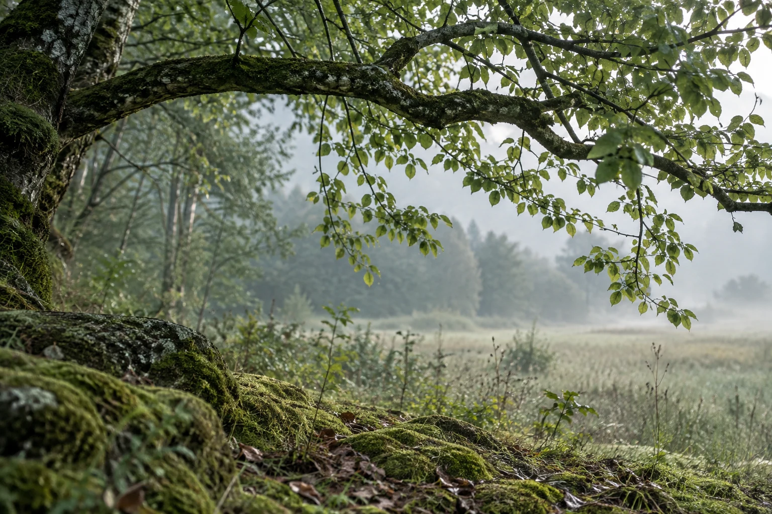 Low leafy branch arches above mossy stones toward a misty grassy field.