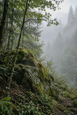 Moss-covered boulder beside slender saplings with a misty forest opening beyond.