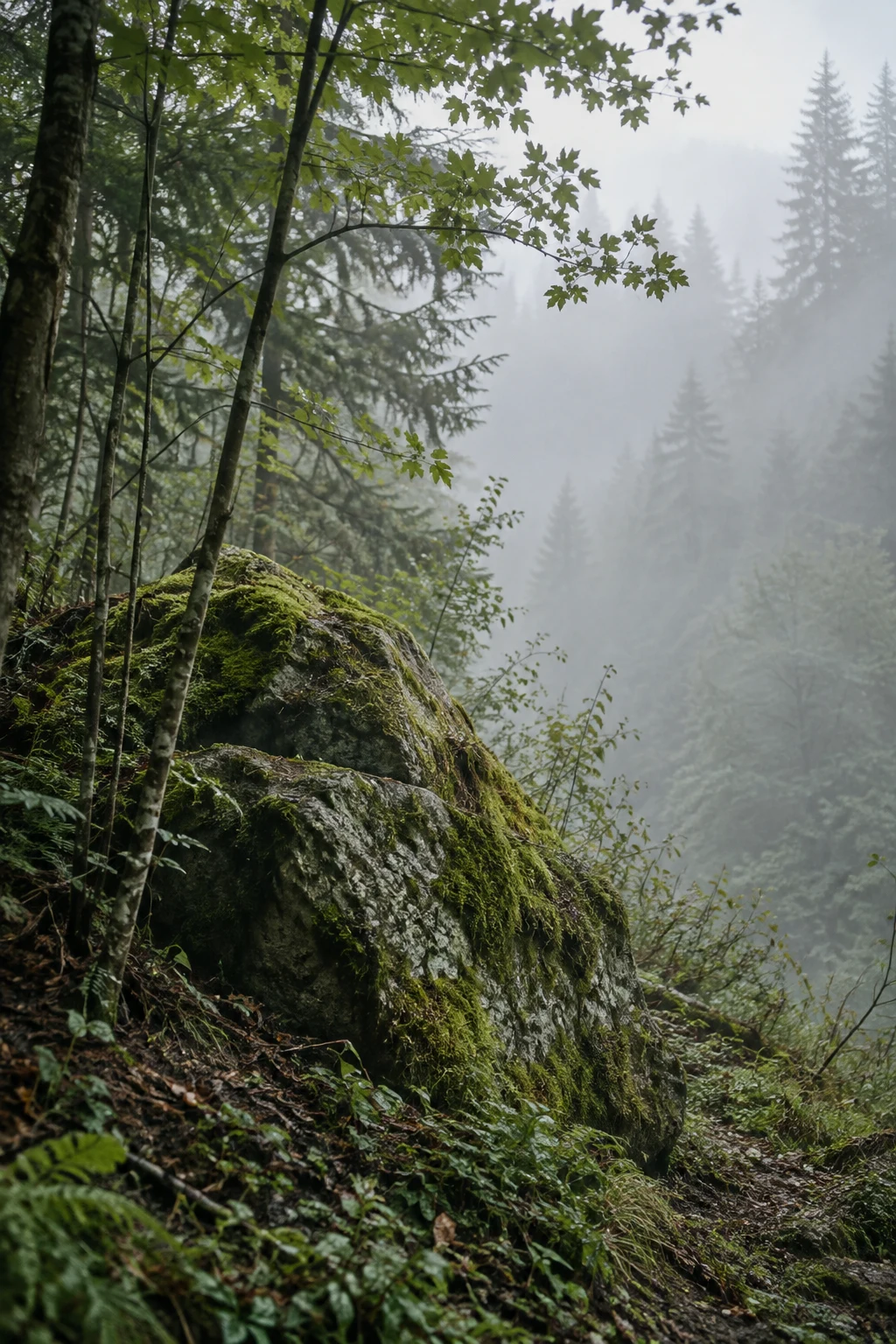 Moss-covered boulder beside slender saplings with a misty forest opening beyond.