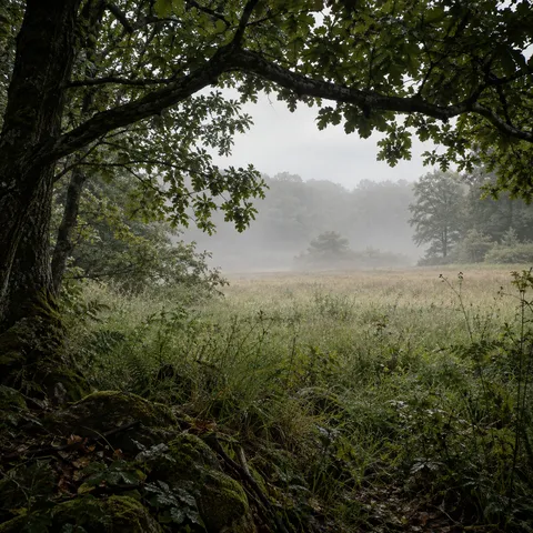 View from a dark leafy tree and mossy roots toward a pale grassy meadow in mist.
