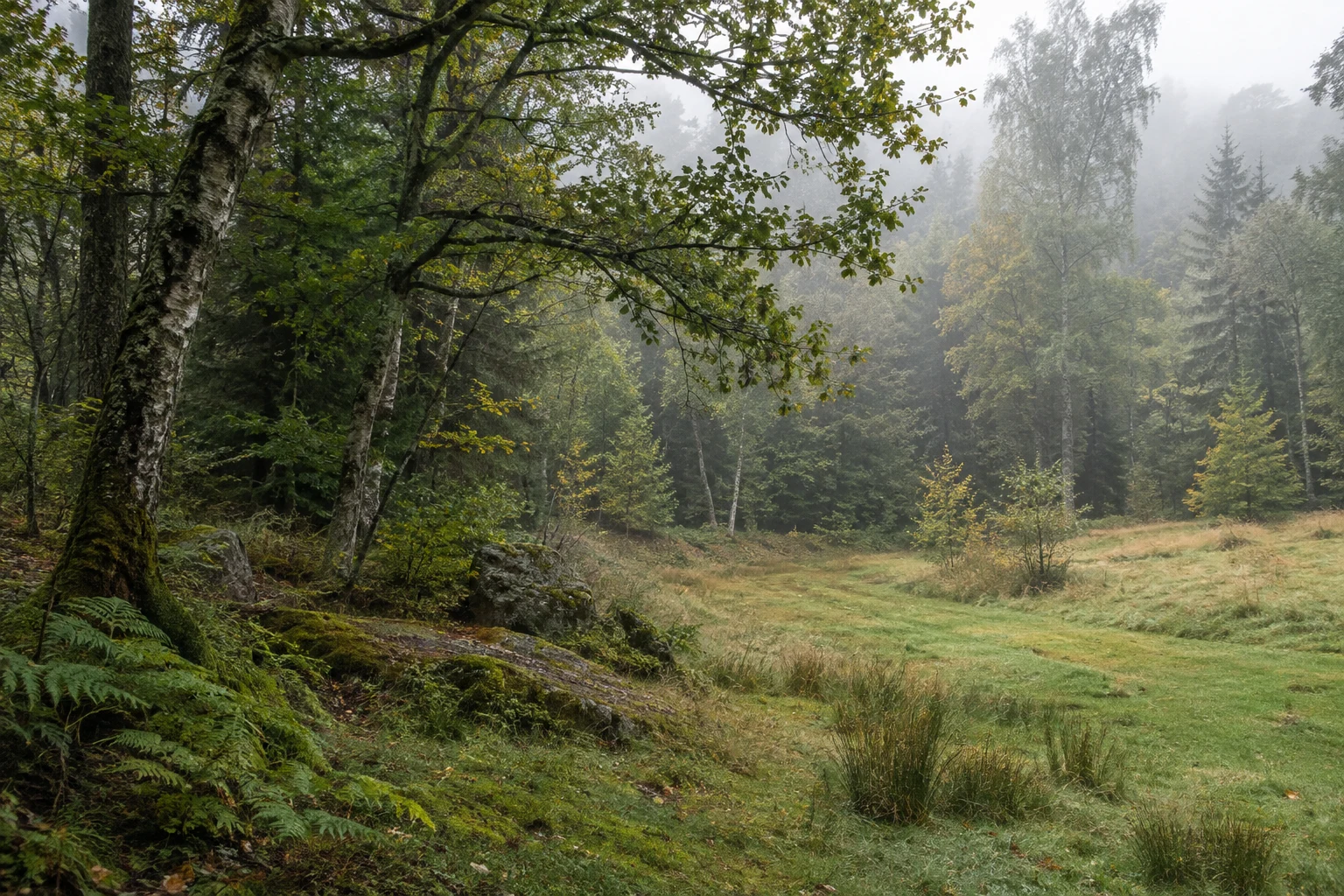 Curving grassy clearing beside mossy woodland stones, a leaning tree and mixed distant trees.
