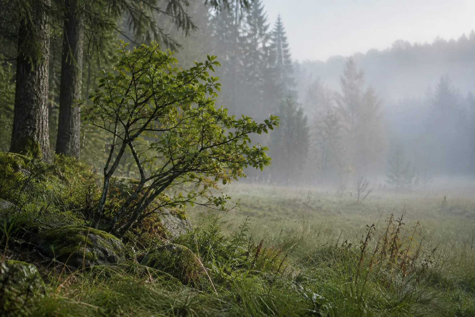 Small irregular leafy shrub beside mossy stones at a misty grassy woodland edge.