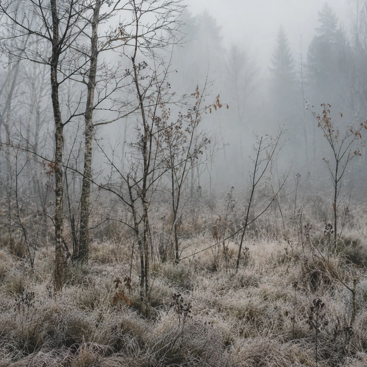 Sparse bare saplings among frost-covered grasses with misty evergreen silhouettes behind.