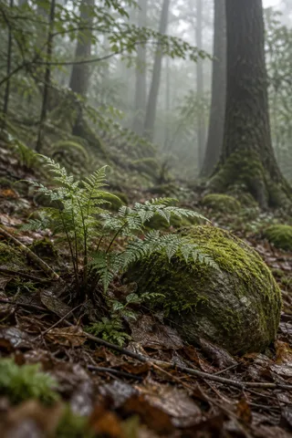 Small green fern beside a moss-covered rounded stone on a damp woodland floor.