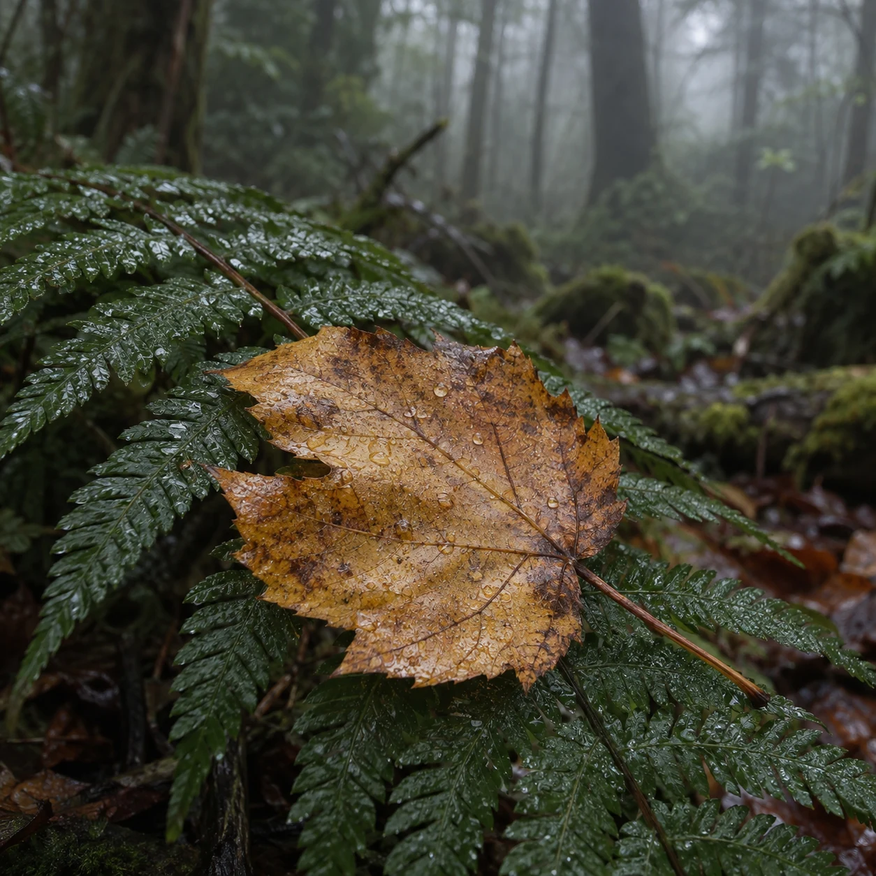 One weathered ochre leaf with droplets resting on wet dark green fern fronds.