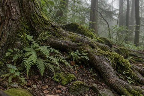 Small ferns growing beside broad mossy tree roots on a damp woodland floor.
