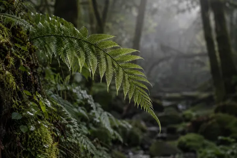 Single curved green fern frond softly lit along its leaflets against a shaded woodland background.