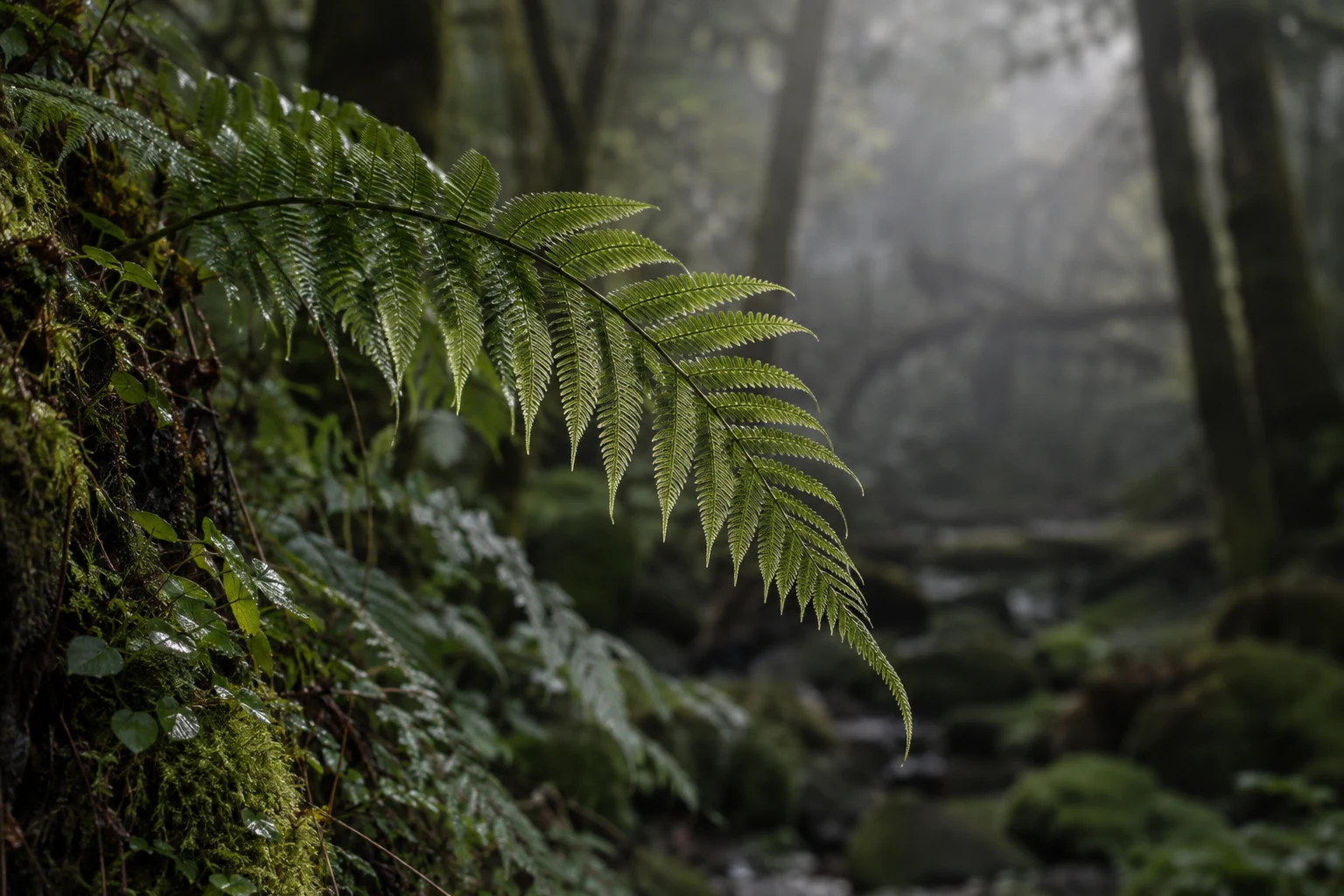 Single curved green fern frond softly lit along its leaflets against a shaded woodland background.