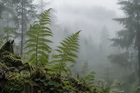 Two unequal upright fern fronds on a mossy bank before misty evergreen trees.