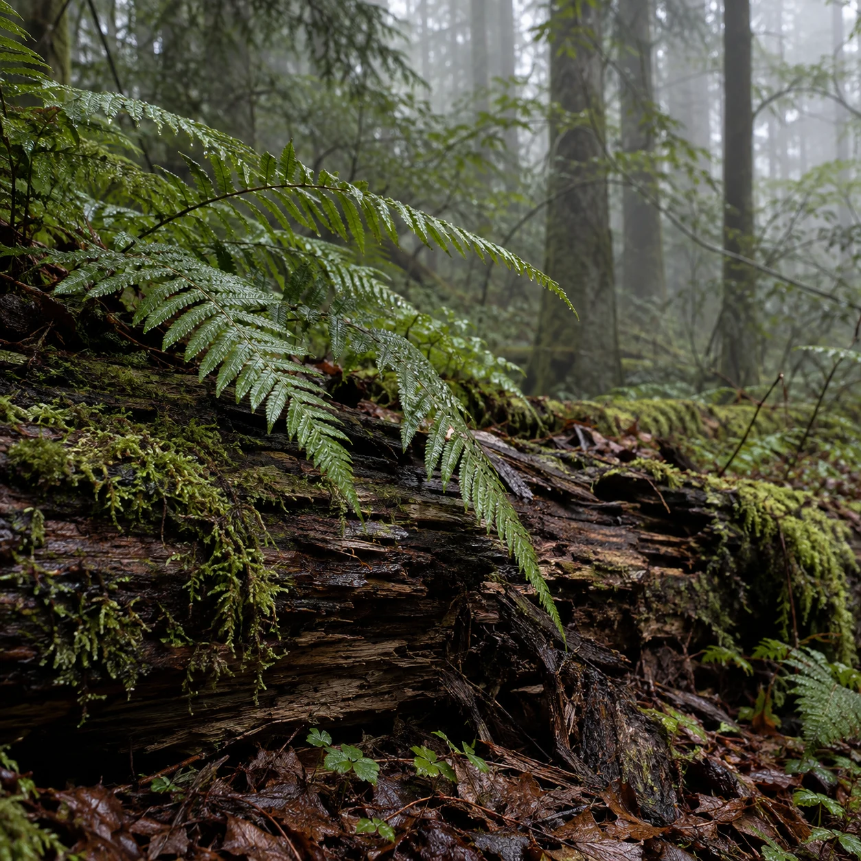 Green fern fronds over a decaying mossy log with split brown wood and wet leaf litter.