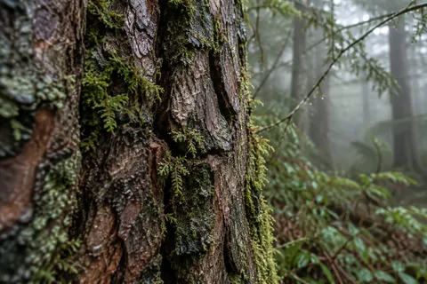 Close wet brown bark plates with small moss growth in their seams and soft woodland behind.