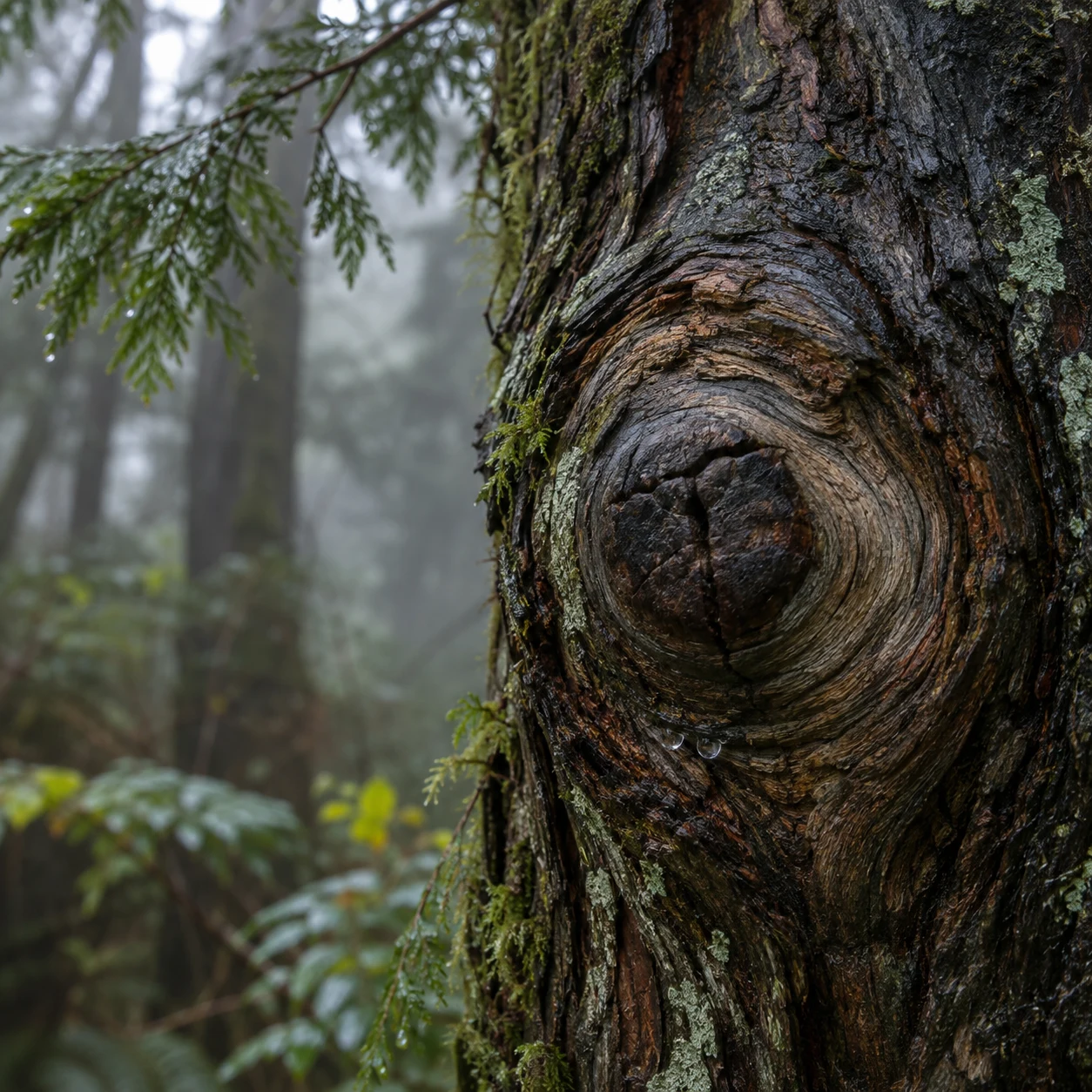 Close wet tree knot with curved weathered grain, small droplets, moss and lichen.