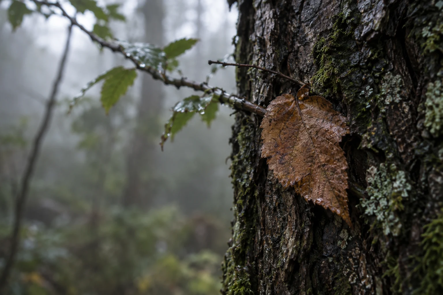 Wet brown leaf caught against dark textured tree bark with a soft green woodland background.