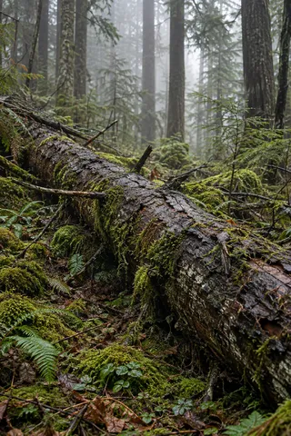 Diagonal wet fallen trunk with moss and broken branch stubs among woodland ferns.