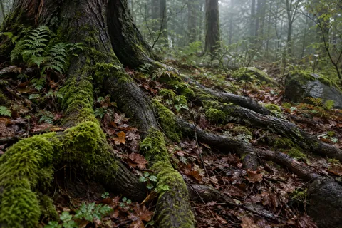 Wet connected tree roots spreading through bright moss and brown leaf litter.