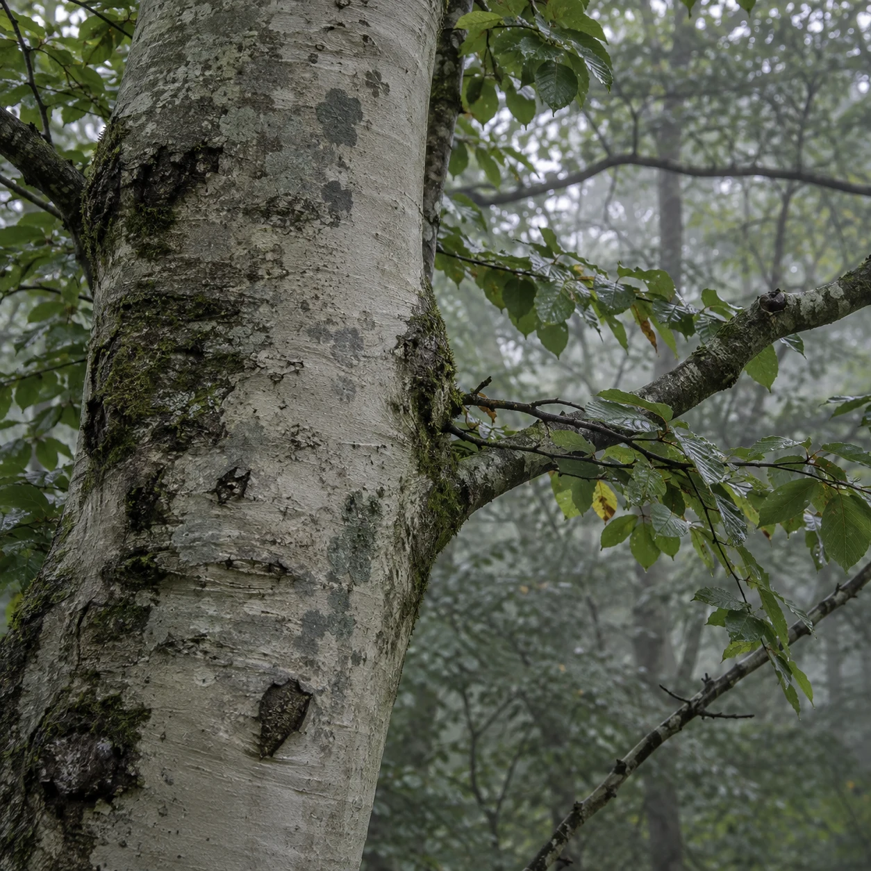 Pale mottled tree bark with an attached leafy branch in soft woodland shade.