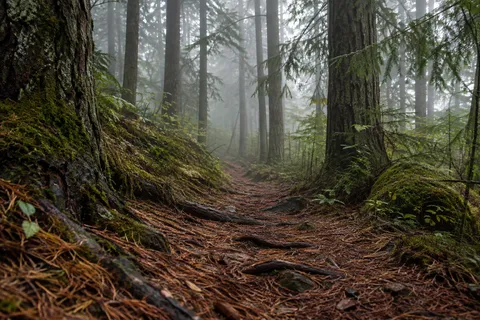 Low view along a needle-covered forest path crossed by roots between mossy trees.