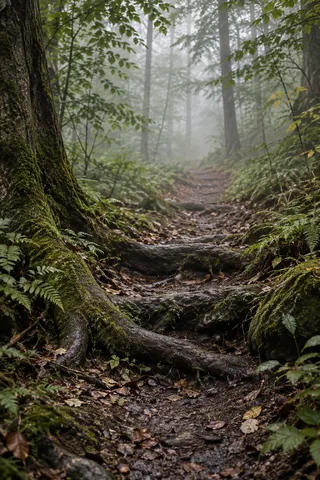 Low tree roots crossing a damp leaf-strewn woodland trail beside moss and ferns.