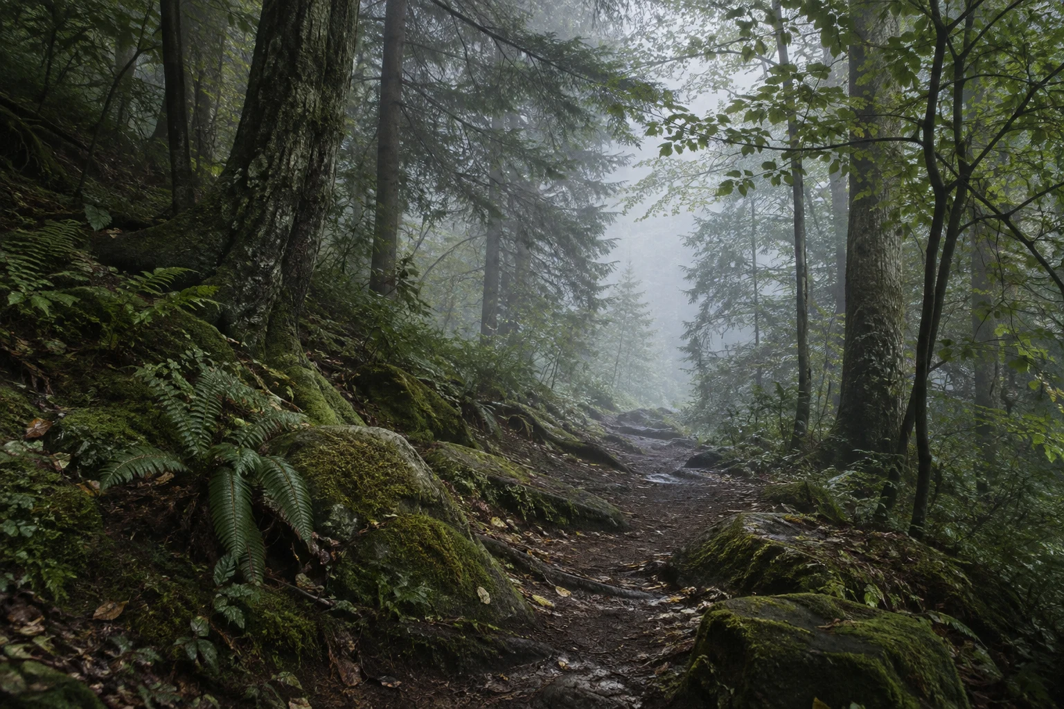 Uneven dirt path between mossy rocks and ferns leading into pale woodland mist.
